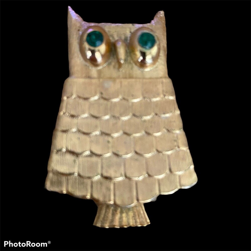 Vintage  Avon Owl Brooch Pin Goldtone & Rhinestone Solid Perfume Glace'